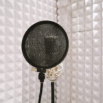 microphone with pop filter on mic stand in soundproof isolation booth for vocal recording at sound studio